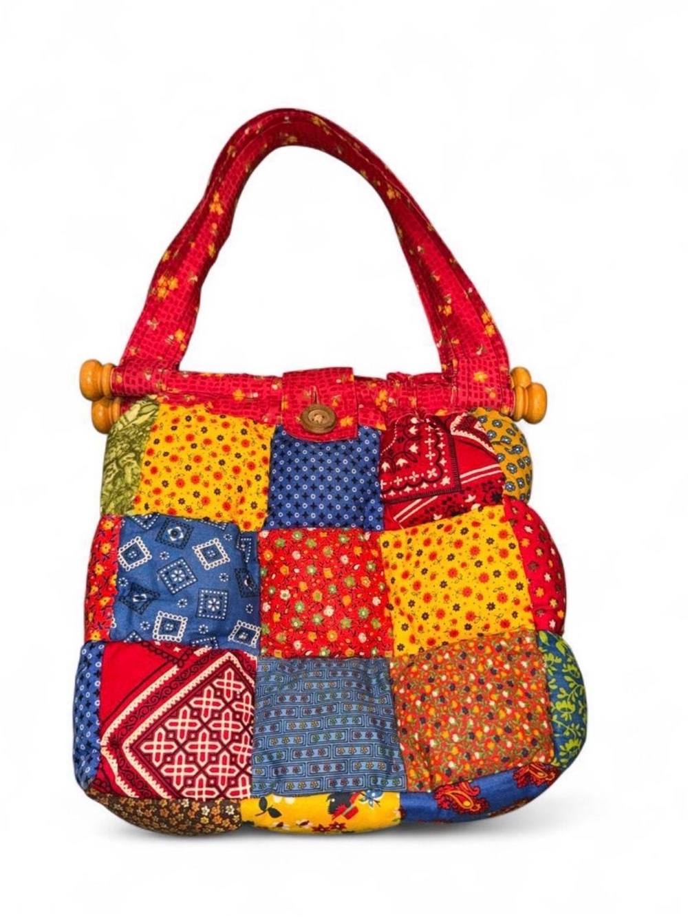 Patchwork Quilted hand Bag in Red, Yellow & Blue